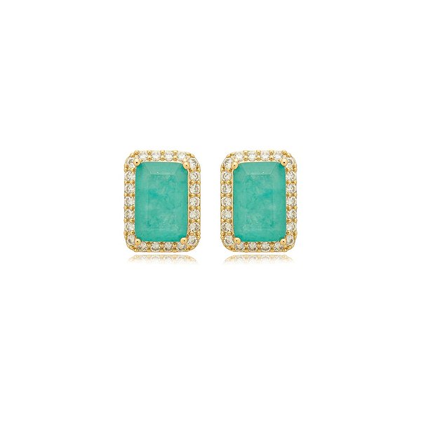 Brinco retangular zircônia cristal verde ouro semijoia