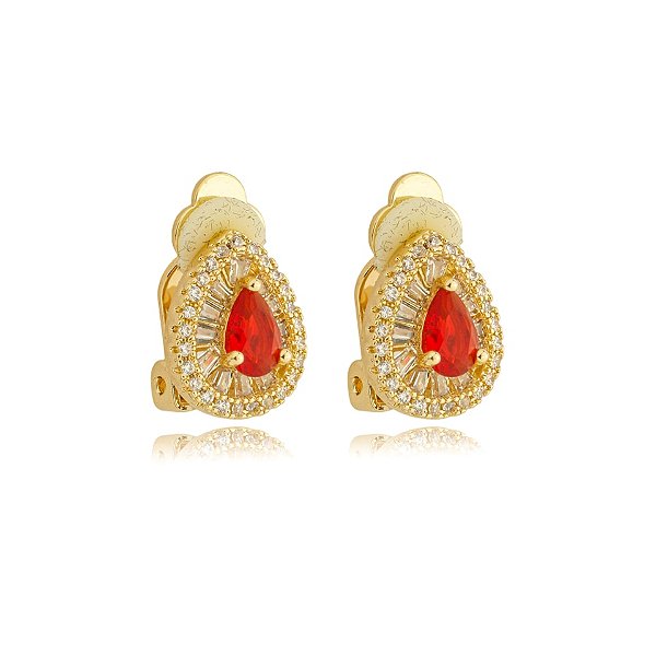 Brinco pressão gota zircônia cristal rubi ouro semijoia