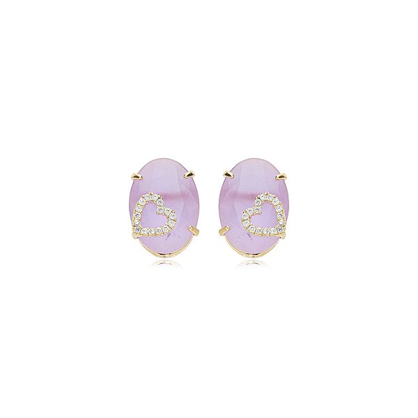 Brinco oval cristal lilás leitoso ouro semijoia