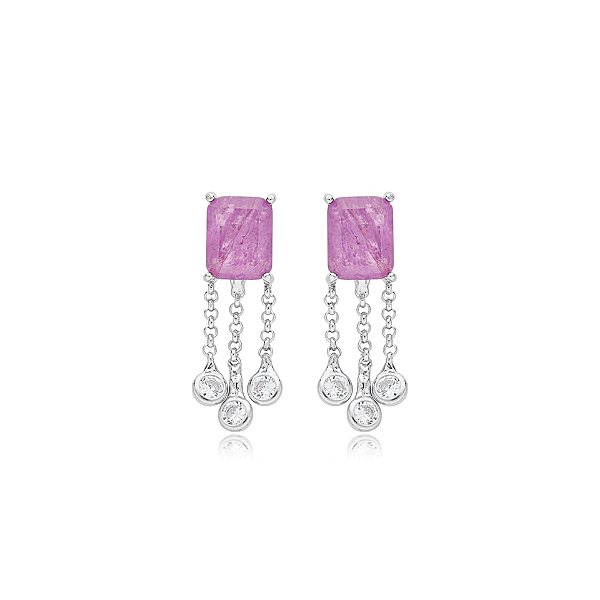 Brinco retangular cristal fusion roxo franjas ródio semijoia