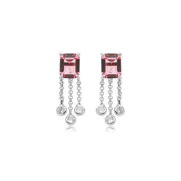 Brinco retangular cristal rosa franjas ródio semijoia