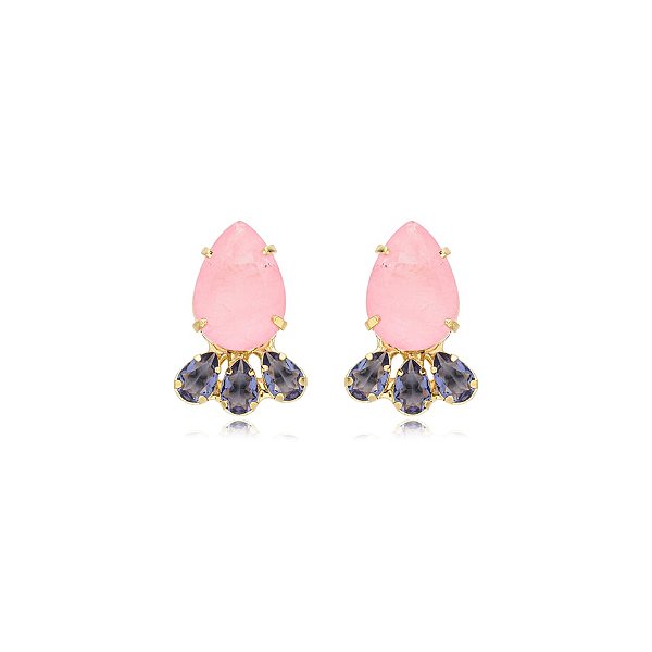 Brinco gota cristal fusion rosa e violeta ouro semijoia