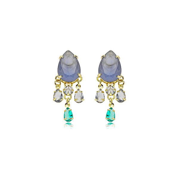 Brinco gota cristal fusion lilás leitoso ouro semijoia