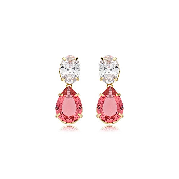 Brinco gota cristal rosa ouro semijoia