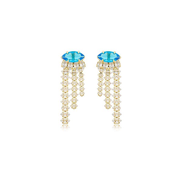 Brinco franja cristal azul ouro semijoia