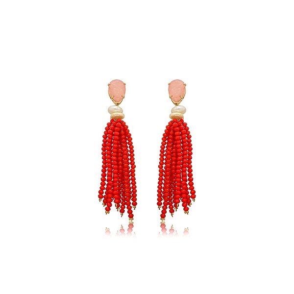 Brinco gota salmão pérola barroca tassel ouro semijoia