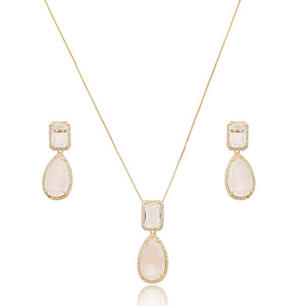 Colar e brinco gota zircônia cristal ouro semijoia TZ-220318