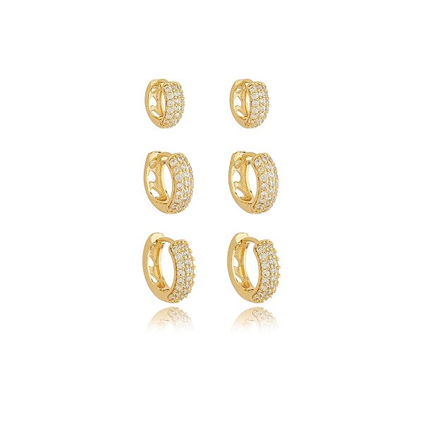 Kit 3 brincos argolinhas zircônia ouro semijoia E220302