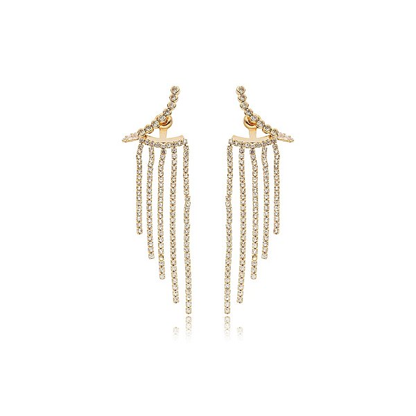 Brinco ear jacket franja cristais ouro semijoia E10064