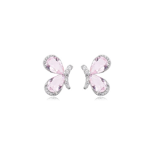Brinco borboleta zircônia cristal rosa ródio semijoia E211013