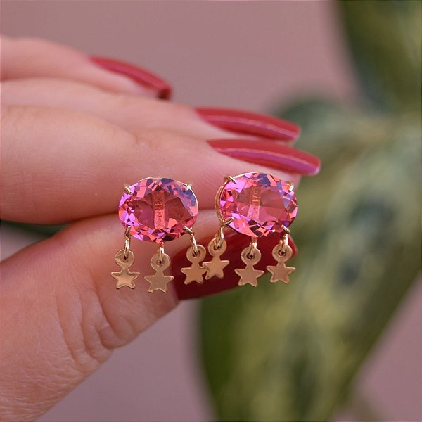 Brinco cristal rosa penduricalhos estrelas ouro semijoia - Muzazen  Semijoias e Acessórios de Moda