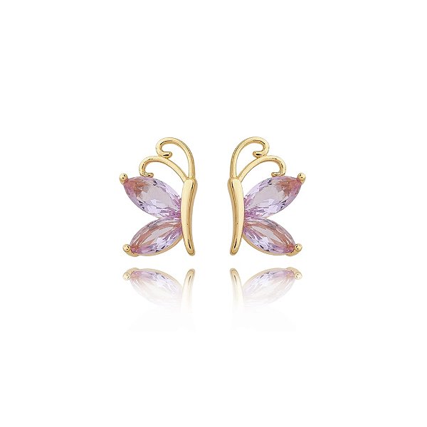 Brinco borboleta zircônia lilás ouro semijoia 22a03005