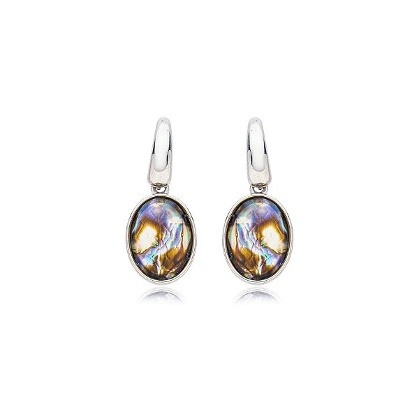 Brinco oval pedra natural abalone ródio semijoia