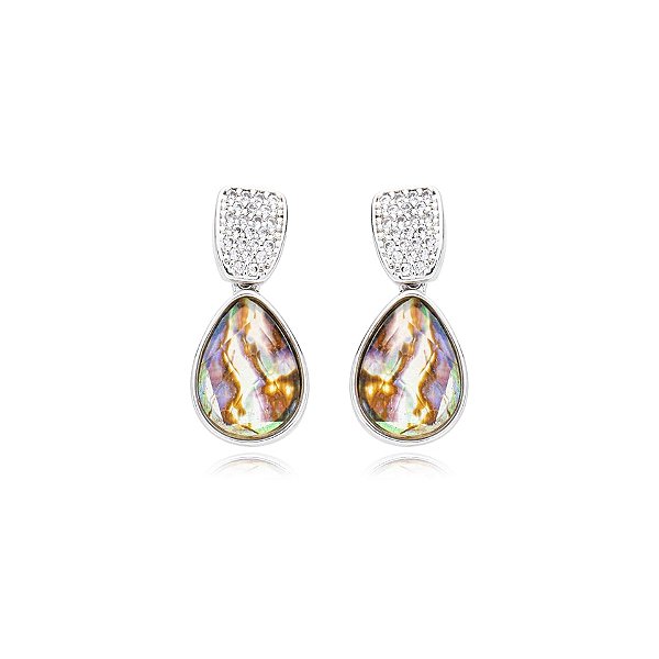 Brinco gota zircônia pedra natural abalone ródio semijoia