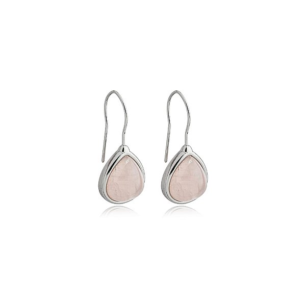 Brinco gancho gota pedra natural quartzo rosa ródio semijoia