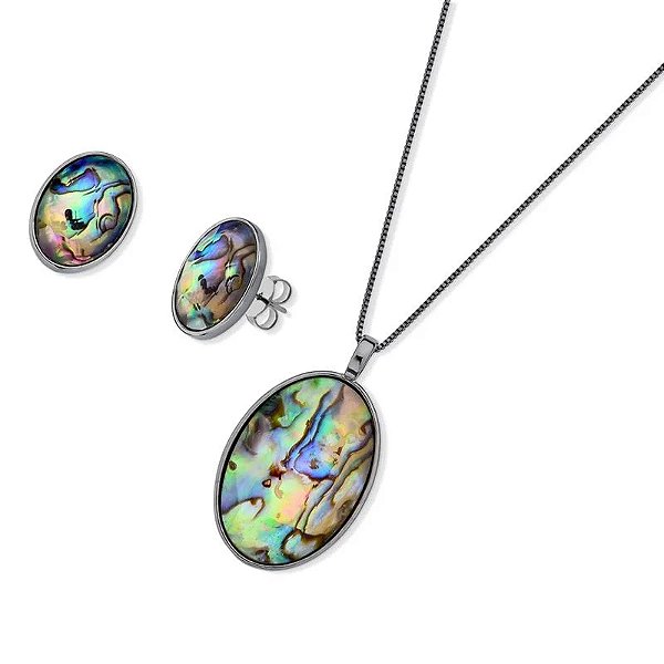 Colar e brinco oval pedra natural abalone ródio semijoia