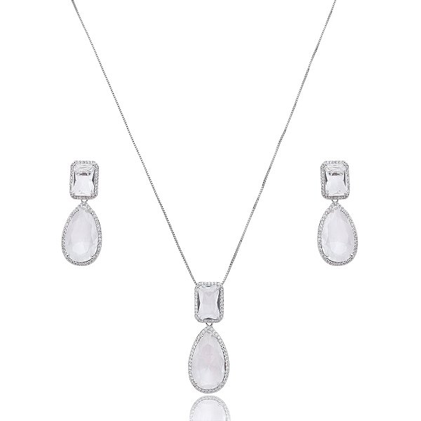 Colar e brinco gota zircônia cristal ródio semijoia TZ-220504