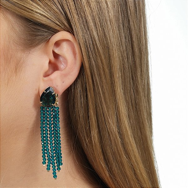 Brinco ear jacket gota cristal azul petróleo ouro semijoia