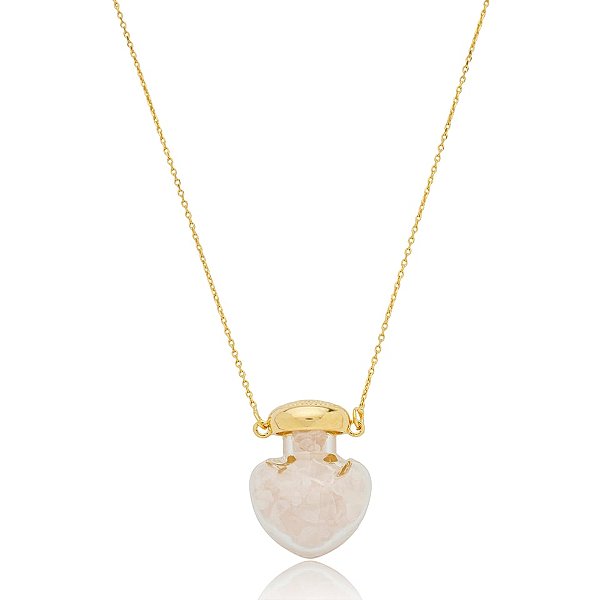 Colar pingente pedra natural quartzo rosa coração ouro semijoia