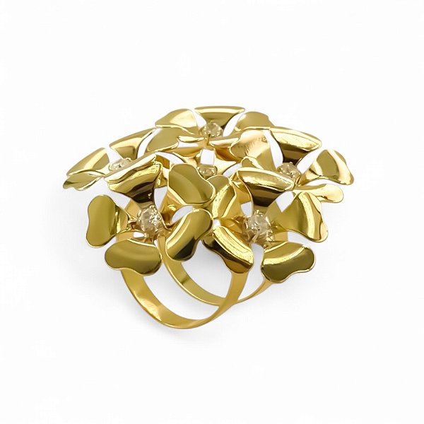 Anel ajustável flores zircônia ouro semijoia
