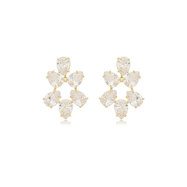 Brinco gotas zircônias cristal ouro semijoia 2966
