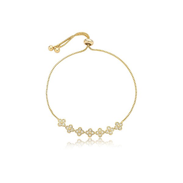 Pulseira gravatinha flores zircônia cristal ouro semijoia