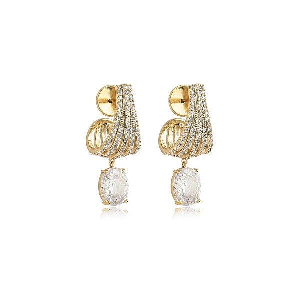 Brinco aros zircônia oval ouro semijoia