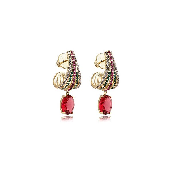 Brinco aros zircônia colorida oval ouro semijoia BA 4824