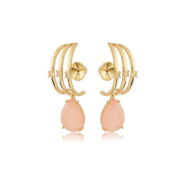 Brinco ear hook cristal fusion morganita ouro semijoia