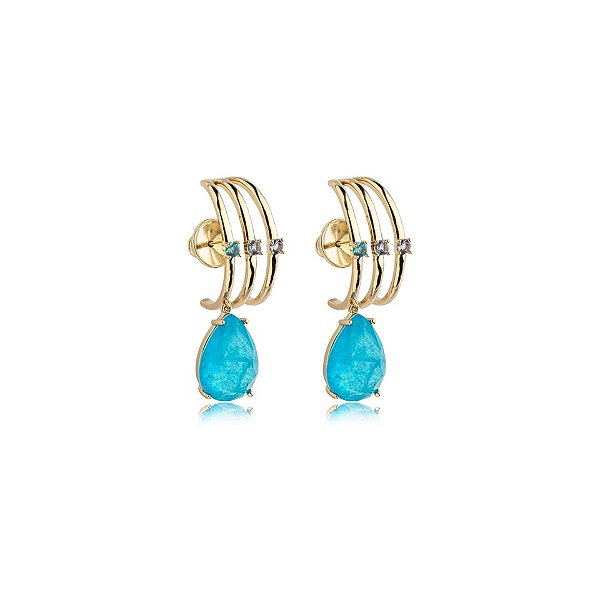 Brinco ear hook cristal fusion azul ouro semijoia