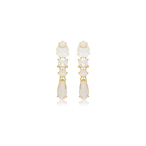 Brinco Nino Bran gota cristais ouro semijoia