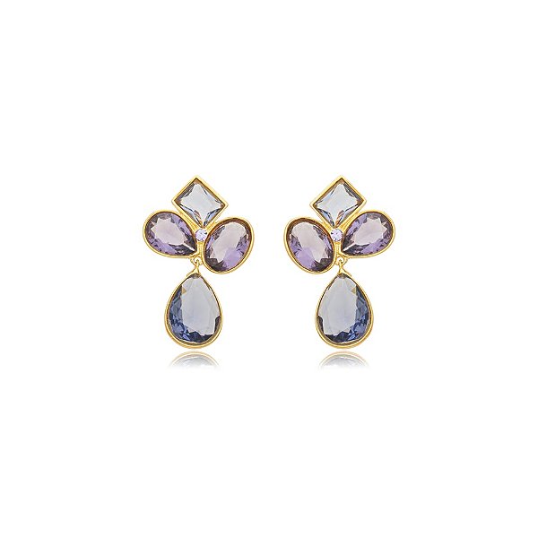 Brinco Nino Bran cristal roxo ouro semijoia