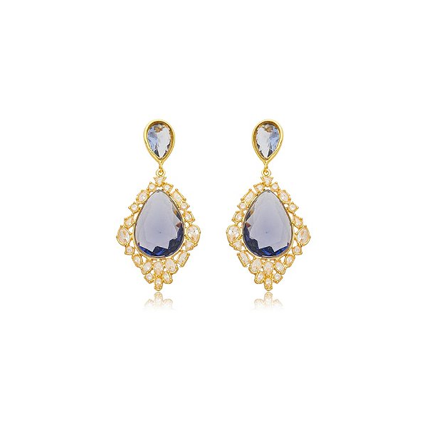 Brinco Nino Bran gota cristal roxo ouro semijoia