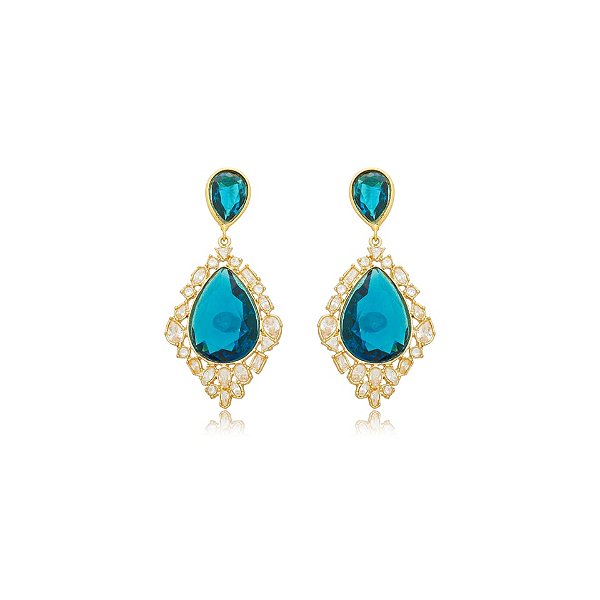 Brinco Nino Bran gota cristal azul teal ouro semijoia