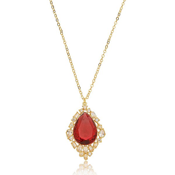 Colar Nino Bran corrente gota cristal vermelho ouro semijoia
