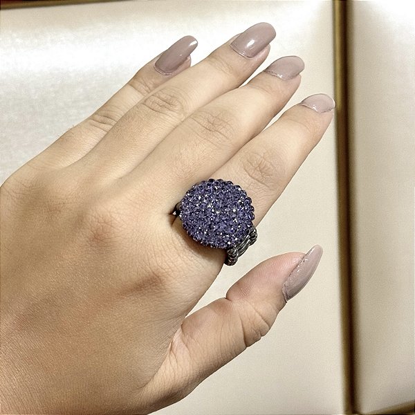 Anel ajustável Leticia Sarabia redondo cristal lilás tanzanite grafite