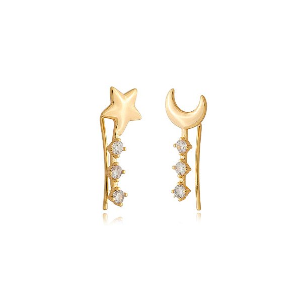 Brinco ear cuff estrela e lua zircônia ouro semijoia