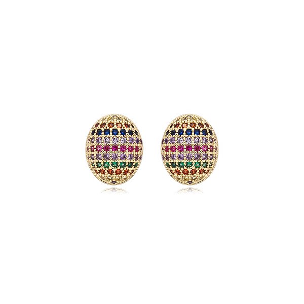 Brinco oval zircônia colorida ouro semijoia