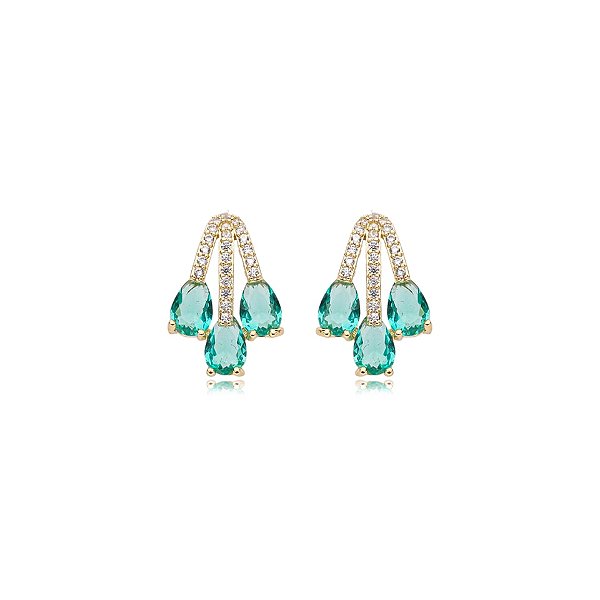 Brinco gotinhas zircônia cristal turmalina ouro semijoia