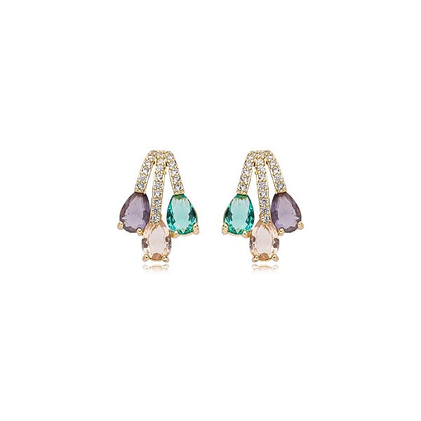 Brinco gotinhas zircônia cristal colorido ouro semijoia