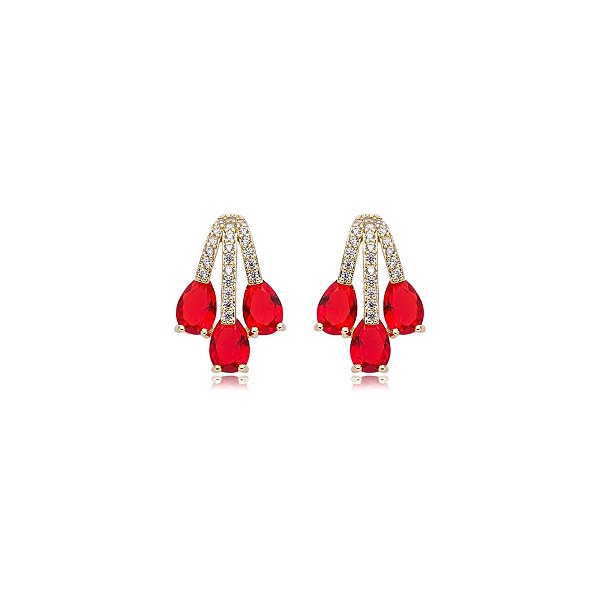 Brinco gotinhas zircônia cristal rubi ouro semijoia