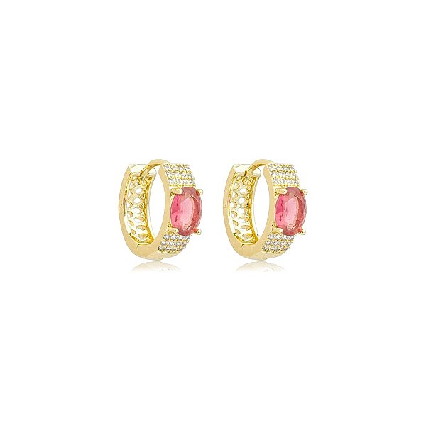 Brinco argolinha zircônia rosa ouro semijoia