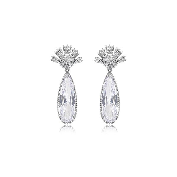 Brinco leque gota zircônia cristal ródio semijoia 63 JBC 16188