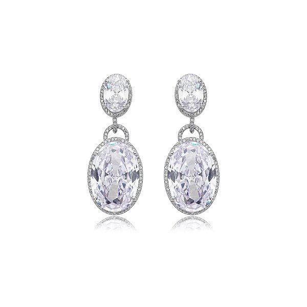 Brinco oval zircônia cristal ródio semijoia