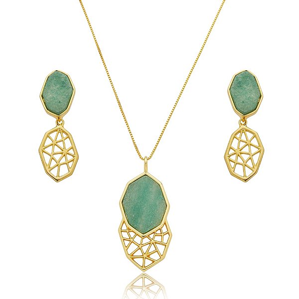 Colar e brinco geométrico pedra natural quartzo verde ouro semijoia