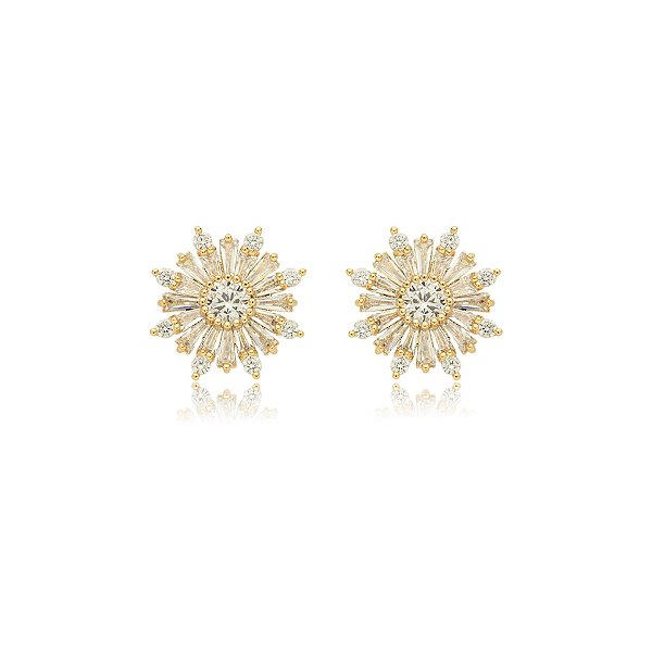 Brinco flor zircônia baguete ouro semijoia BA4847