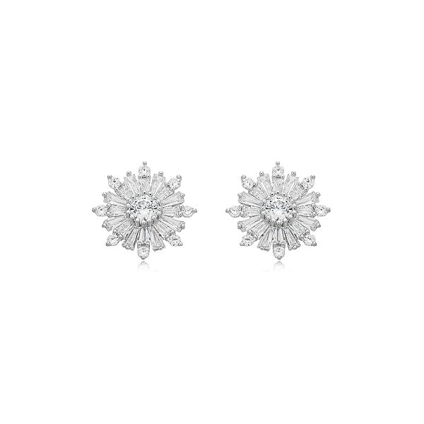 Brinco flor zircônia baguete ródio semijoia BA4847