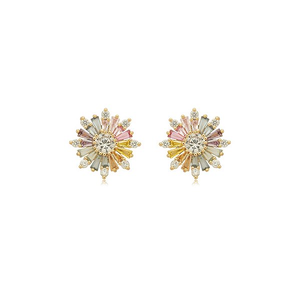 Brinco flor zircônia colorida baguete ouro semijoia