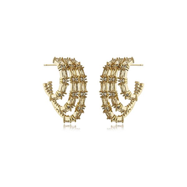 Brinco 3 aros zircônia bege ouro semijoia BA 4461