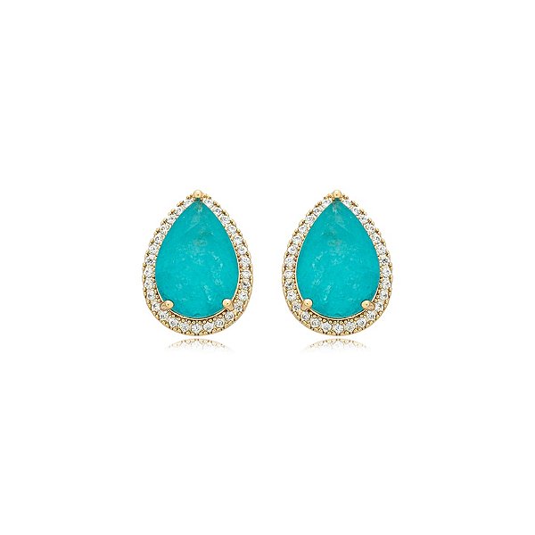 Brinco gota zircônia cristal fusion turmalina azul ouro semijoia BA 4841